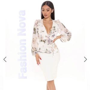 Fashion Nova White Floral Wrap Blouse XL